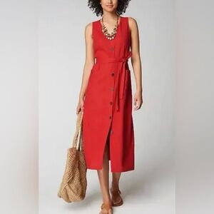 J. Jill Linen-Blend Button-Front Midi Shirt Dress in Pomegranate, NWT, Sz. M